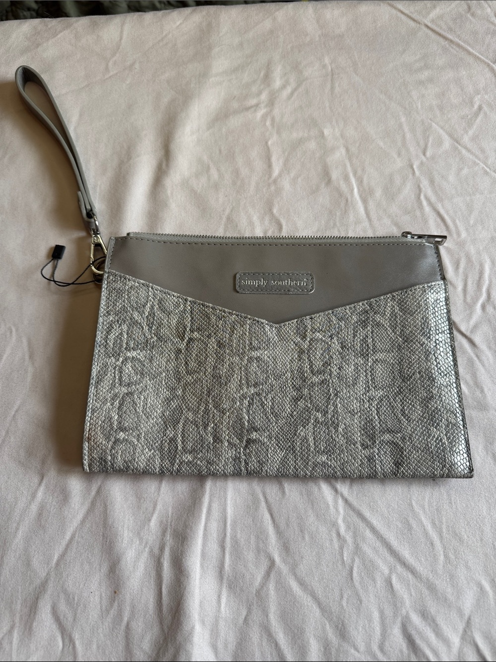 Simply Southern Silver Metallic Wristlet Clutch with Textured Panel